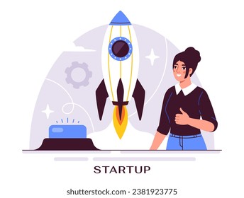Business process concept. Woman with rocketship. Leadership and motivation. Financial literacy and occupation. Young girl with start up. Cartoon flat vector illustration isolated on white background