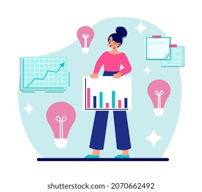 Business process concept.Confident female entrepreneur analyzes statistics and comes up with new ideas for development. Graphs and charts for improving company. Cartoon flat vector illustration