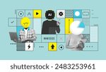 Business process. Contemporary art collage made of shots of young men, managers working hardly isolated over pastel green background, Concept of art, finance, career, co-workers, team. Vector