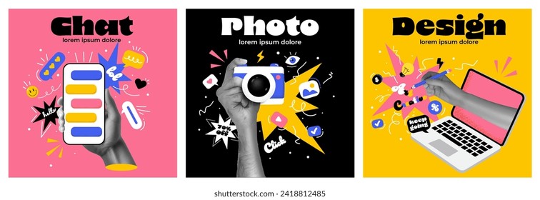 Business process. Contemporary art collage made of shots of hands working hardly isolated over colored background, Concept of art, finance, career, co-workers, team. Vector illustration