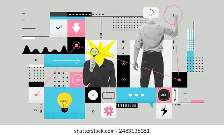 Business process. Contemporary art collage made of shots of young men, managers working hardly isolated over grey background, Concept of art, finance, career, co-workers, team. Vector illustration