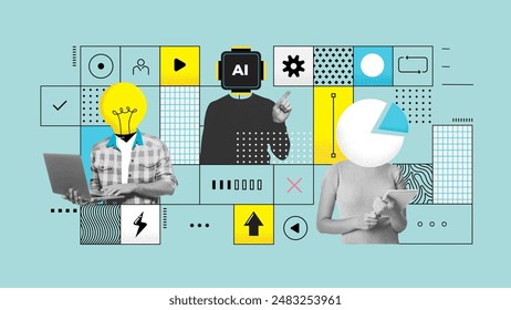 Business process. Contemporary art collage made of shots of young men, managers working hardly isolated over pastel green background, Concept of art, finance, career, co-workers, team. Vector