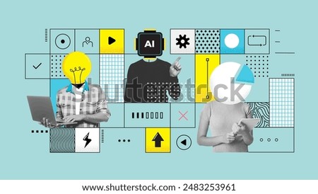Business process. Contemporary art collage made of shots of young men, managers working hardly isolated over pastel green background, Concept of art, finance, career, co-workers, team. Vector