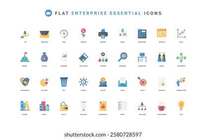 Business process of corporate company, enterprise essential, partnership color icon set. Work of employees with presentation and office documents, statistics research flat elements vector illustration