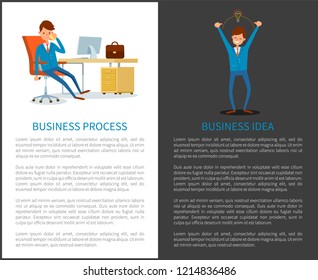 Business process and creative idea of businessman vector. Boss in office, discussion on phone, leader talking on mobile. Manager with fresh thoughts