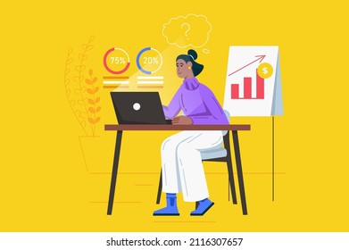 Business process and data analysis modern flat concept. Businesswoman studies statistics, generates ideas, planning and creates strategy. Vector illustration with people scene for web banner design