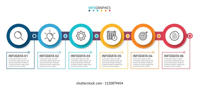 Business Process Design Template And Marketing Icons With Thin Line Title Box. Timeline Infographics With 6 Steps, Options, Circles. Vector Eps10 Illustration.