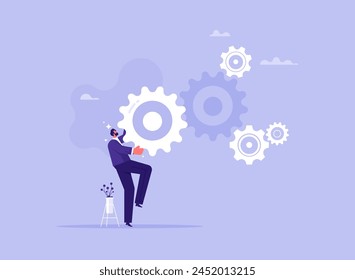Business process and development concept, businessman putting missing gear to cogwheel mechanism, cogwheels as symbol of successful business