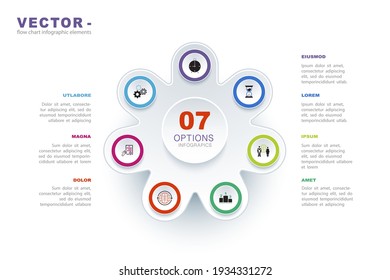 Business process diagram infographics with 07 step segments. Elements of infographics of a circular corporate timeline. Presentation slide template.Information graphic design layout.SEO, signs, vector