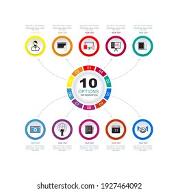 Business process diagram infographics with 10 step segments. Elements of infographics of a circular corporate timeline. Presentation slide template.Information graphic design layout.SEO, signs, vector