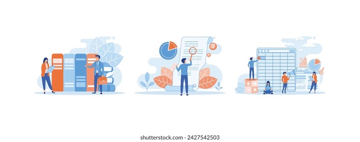 Business process, documents work flow and accounting, looks through a magnifying glass at a bill, Software for accounting with sheets, formulas, calculator. 