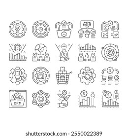 Iconos de eficiencia de procesos de negocio Establecer el Vector Optimización de automatización, estrategia de flujo de trabajo, integración de gestión de innovación Eficacia de procesos de negocio Ilustraciones de contorno negro