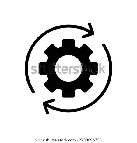 Business process and endurance icon featuring a gear with circular rotation arrows, synchronization and continuous improvement symbols for workflow automation and technical system updates