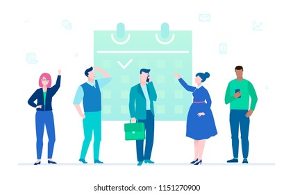 Business process - flat design style illustration on white background. Male and female managers standing next to a big planner, working on a project, discussing their ideas. Time management concept