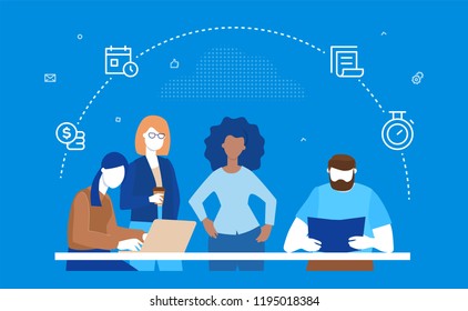 Business process - flat design style illustration on blue background. Colorful composition with international team, employees discussing a project at the desk, images of planner, timer, pile of coins