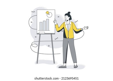 Concepto de línea plana de procesos empresariales. Empresaria analiza los datos de la empresa y muestra las estadísticas sobre la presentación. Estrategia y planificación. Ilustración vectorial con escena de personas de contorno para diseño de banners web