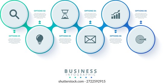 Infográfico de fluxo do processo empresarial 8 Opções de círculo interconectado com ícones para estratégia, marketing e cronograma de gerenciamento de projetos