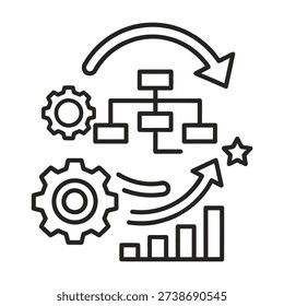 Business process flowchart with gears and growth chart des