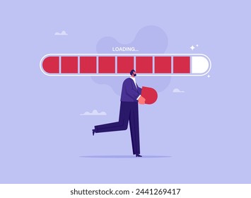 Business process or fulfills goals and tasks concept, metaphor for work of company or organization, businessman with loading bar progress