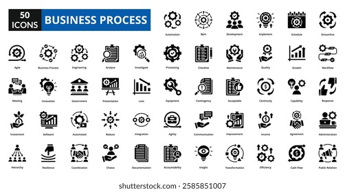 Business Process glyph icon collection set. Includes operation, procedure, plan, system, change, development, machine, action, method, integration, insight