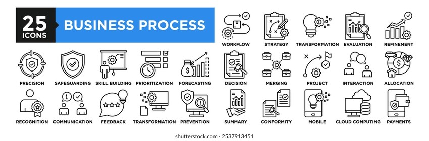 Conjunto de coleta de ícones do Processo Comercial. Contendo negócios, processo, conceito, gerenciamento, tecnologia, sistema de design