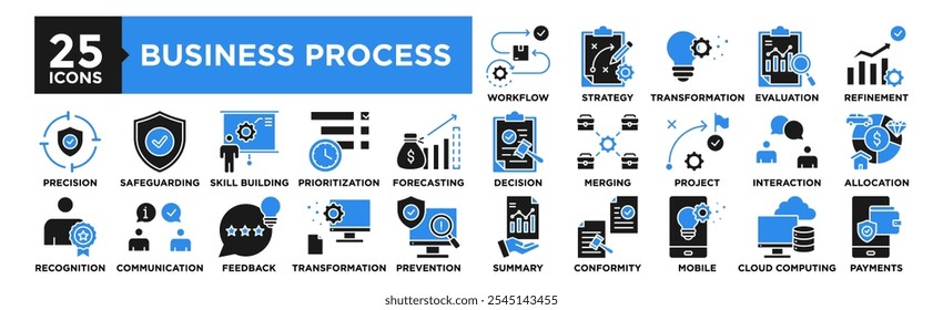 Conjunto de coleta de ícones do Processo Comercial. Contendo negócios, processo, conceito, gerenciamento, tecnologia, sistema de design	