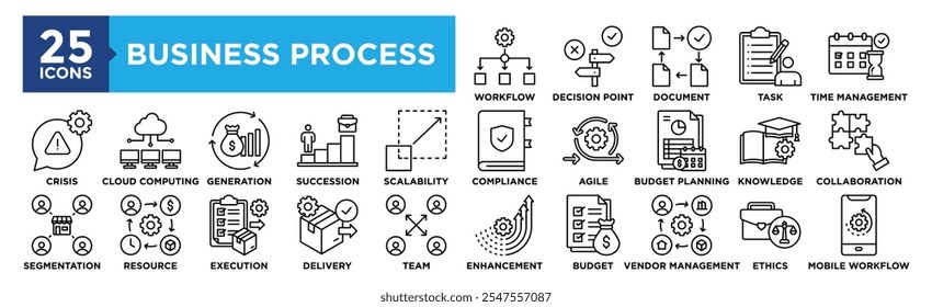 Conjunto de coleta de ícones do Processo Comercial. Contendo a cadeia de fluxo de trabalho de design, ponto de decisão, fluxo de documentos, atribuição de tarefas, gerenciamento de tempo