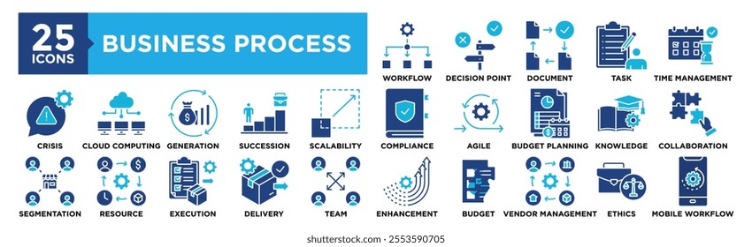 Business Process icon collection set. Containing design Workflow Chain, Decision Point, Document Flow, Task Assignment, Time Management	