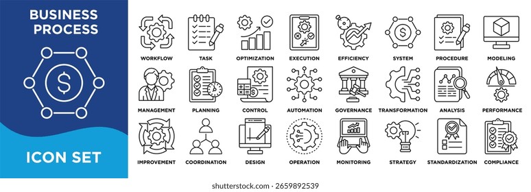 Conjunto de coleta de ícones do Processo Comercial. Contendo fluxo de trabalho,automação,otimização,operação,eficiência,sistema,procedimento,estrutura,execução,ícone de gerenciamento. Vetor de linha simples.	