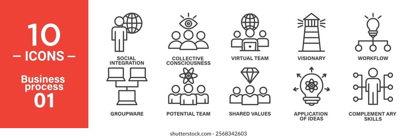 Business Process Icon Set: 10 Editable Vector Icons Representing Team Collaboration, Shared Values, and Workflow.