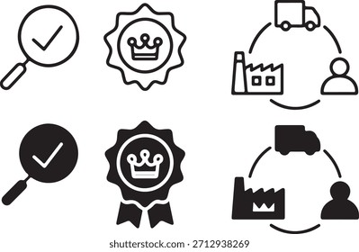Iconos del proceso del negocio: control de calidad, insignia de calidad superior, y flujo de la logística de la cadena de suministro aislado en el fondo blanco, Vector, ilustración