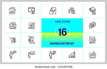 Business process icons. Set of line icons. Presentation, diagram, report. Business concept. Vector illustration can be used for topics like analysis, statistics, finance