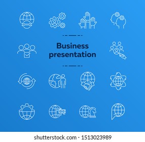 Business process icons. Set of line icons. Money, teamwork, worldwide. Business concept. Vector illustration can be used for topics like communication, business, partnership