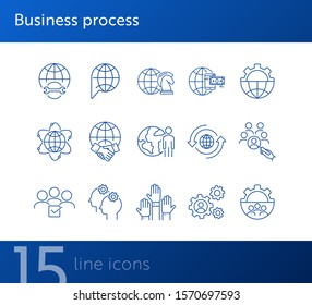 Business process icons. Set of line icons. Money, teamwork, worldwide. Business concept. Vector illustration can be used for topics like communication, business, partnership