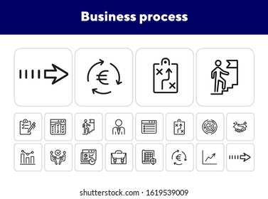 Business process icons. Set of line icons. Briefcase, business analysis, career ladder. Business concept. Vector illustration can be used for topics like business process, finance, professional skills
