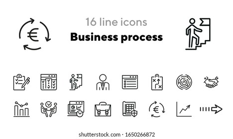 Business process icons. Set of line icons. Briefcase, business analysis, career ladder. Business concept. Vector illustration can be used for topics like business process, finance, professional skills