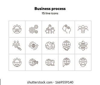 Business process icons. Set of line icons. Money, teamwork, worldwide. Business concept. Vector illustration can be used for topics like communication, business, partnership