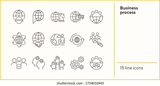 Business process icons. Set of line icons. Money, teamwork, worldwide. Business concept. Vector illustration can be used for topics like communication, business, partnership