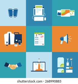 Business process icons set of newsletter, portfolio, cv, promotion, handshake, start-up and branding