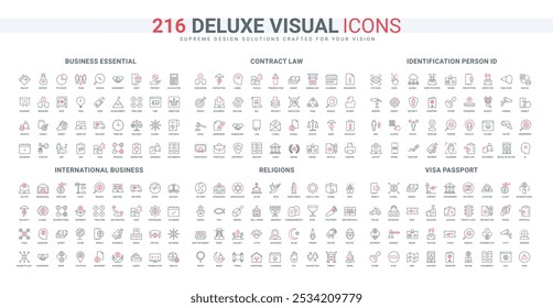 Business process, ID identity, religion and international communication line icon set. Calendar of holidays and fasting, agreement security thin black and red outline symbols vector illustration