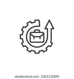 Business process improvement line icon. linear style sign for mobile concept and web design. Gear with briefcase and arrow outline vector icon. Symbol, logo illustration. Vector graphics
