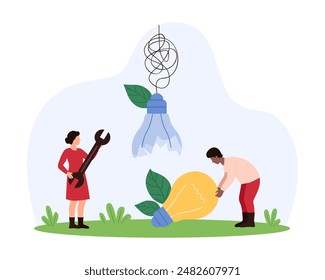 Business process improvement, technical support for project innovation. Tiny people replace broken light bulb with bright lamp, improve system performance with new ideas cartoon vector illustration