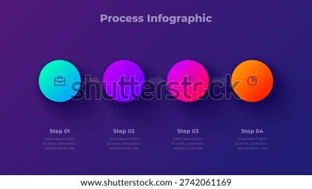 Business process infographic with 4 steps and arrows. Dark vector flow chart template