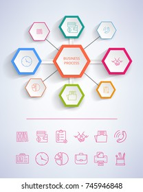 Business process infographic representing a unity of activities, icons of handshake, papers and pencils, money and briefcase vector illustration