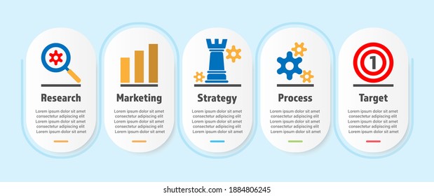 Proceso comercial. Plantilla cuadrada redonda de Business Infographic. flujo de trabajo de 5 pasos. Plan de estrategia de trabajo. Concepto de marketing. 
Concepto tecnológico. Ilustración vectorial. 