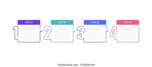 Plantilla de infografía de procesos empresariales con 4 opciones o pasos. Diseño delgado. Diseño gráfico de ilustración vectorial.