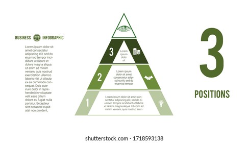 Business process infographic template. Pyramid for 3 text areas. Eye of Providence. Сoncept of successful financial activities. Green tint 