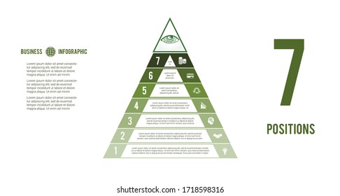 Infografische Vorlage für Geschäftsprozesse. Pyramide für 7 Textbereiche. Auge der Vorsehung. С Konzept erfolgreicher Finanzaktivitäten. Grüner Farbton 