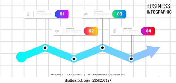 Plantilla de infografía de procesos empresariales. Diseño de línea delgada con los números 4 opciones pasos de flecha. Diseño gráfico de ilustración de vector