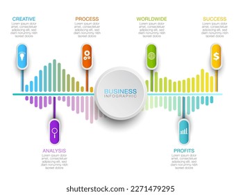 Escala de tiempo de infografía de procesos empresariales en 6 pasos. Concepto de contenido, negocio, infografía, diagrama, diagrama de flujo, escala de tiempo o flujo de producción.